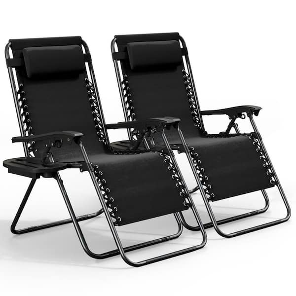 2-Piece Black Zero Gravity Chairs, Metal Outdoor Lawn Chair with Pillow & Cup Holder Tray