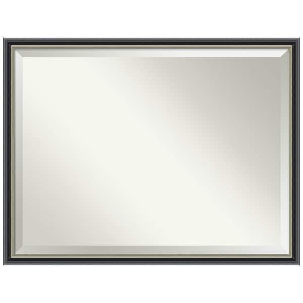 Amanti Art Theo Black Silver 42.75 in. x 32.75 in. Beveled Modern Rectangle Wood Framed Bathroom Wall Mirror in Black