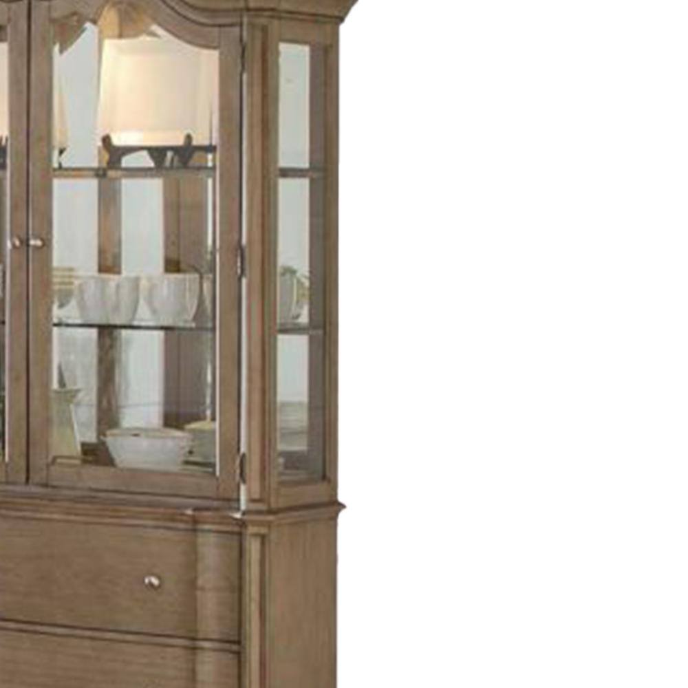 Antique Taupe Lighted China Cabinet with Glass Doors and Shelves