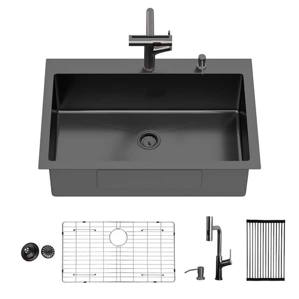 33 in. Drop-In/Topmount Single Bowl 16 Gauge Gunmetal Black Stainless Steel Kitchen Sink with Faucet and Bottom Grids