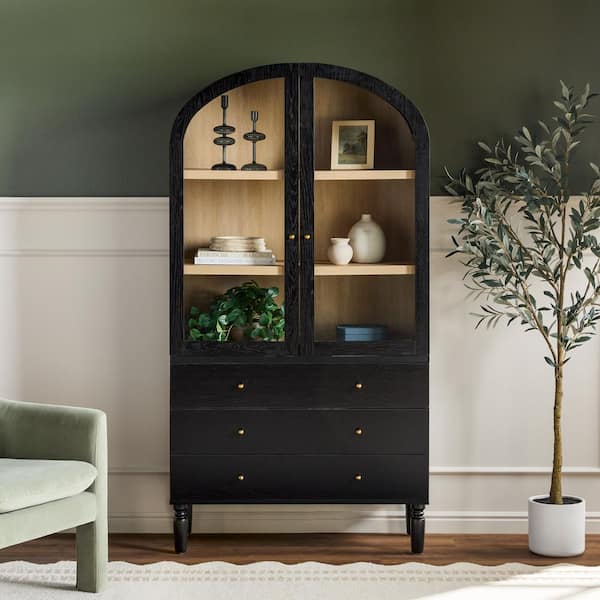 Darci 74 in. Tall Black Modern MDF 3-Shelf Arched Bookcase Cabinet with Glass Doors and Drawer Storage