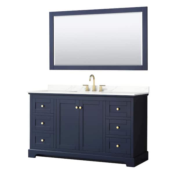 Wyndham Collection Avery 60 in. W x 22 in. D x 35 in. H Single Bath Vanity in Dark Blue with Giotto Quartz Top and 58 in. Mirror