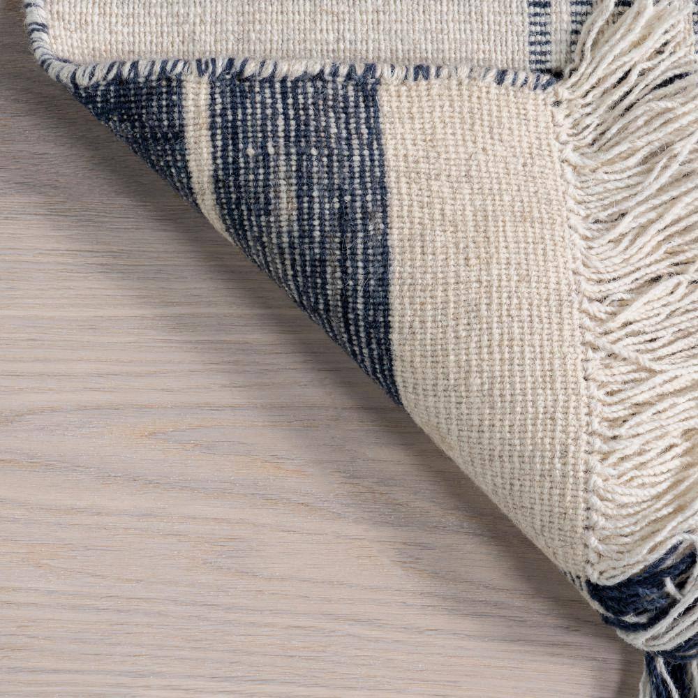 Ivory and Blue Striped Wool Fringe Area Rug 2' x 3'