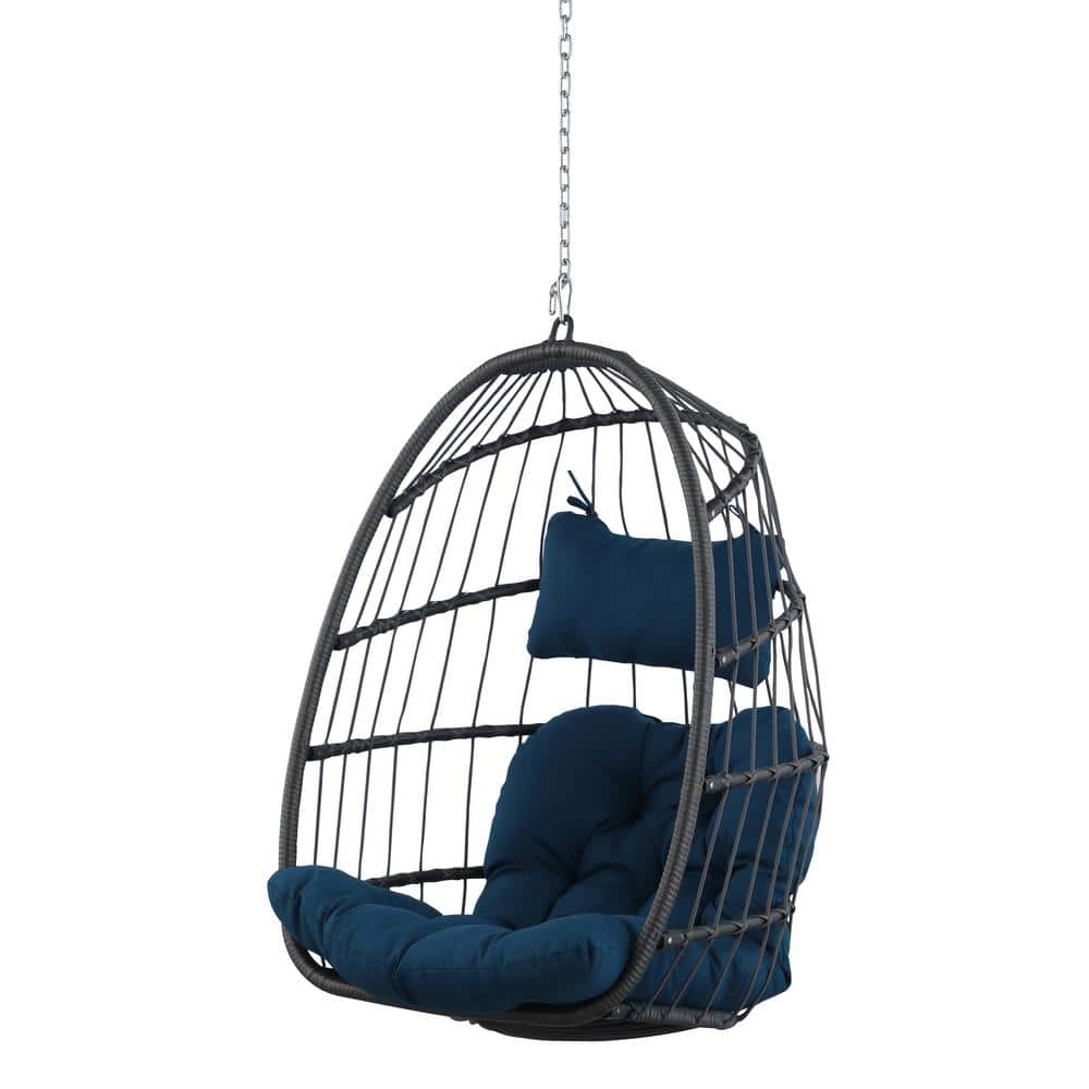 Tidoin Black Aluminum Patio Egg Swing Chair with Blue Cushion without