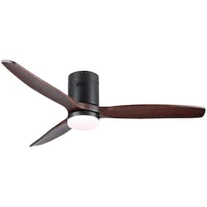 52 in. Integrated LED Low Profile Ceiling Fan with Remote Control, 3-Piece Brown Solid Wood Blades