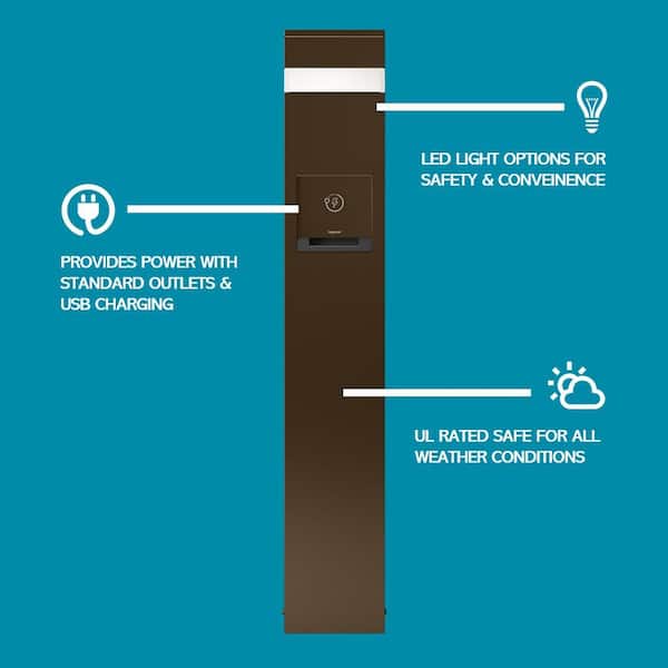 Wiremold 48 in. 2-Gang Bronze GFCI Receptacle and 4-Port USB Outlet Outdoor Charging Station with Area Light