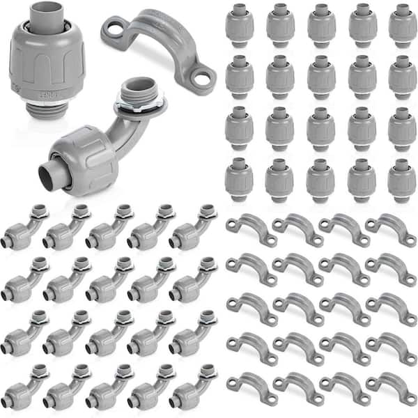 1/2 in. PVC Electrical Conduit Fitting, Liquid Tight Connector Kit with 20 Couplings, 20 90° Elbows and 20 Straps
