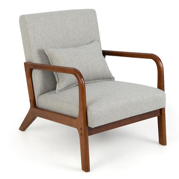 Gray Modern Accent Chair Leisure Armchair with Rubber Wood Frame and Lumbar Pillow