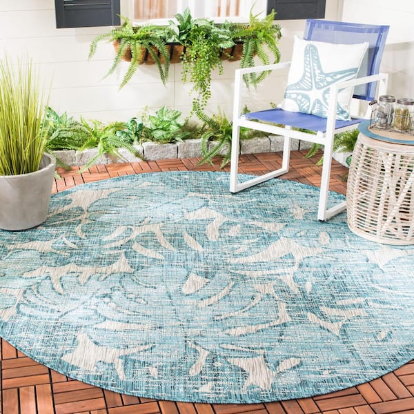 Courtyard Gray/Aqua 7 ft. x 7 ft. Round Geometric Indoor/Outdoor Patio  Area Rug