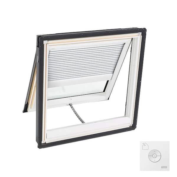 VELUX 30-1/16 in. x 30 in. Solar Powered Venting Deck Mount Skylight with Laminated Low-E3 Glass, White Room Darkening Shade