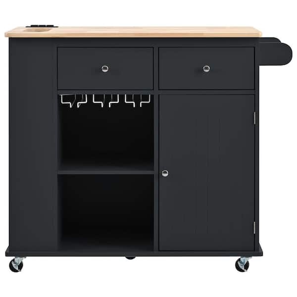 Black Wood 40 in. Kitchen Island with 3-Power Outlet, Drop Leaf, Adjustable Shelves and Wine Rack for Kitchen Room