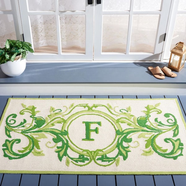 Monogram Beige/Green 3 ft. x 6 ft. "E" Swirl Leaves Indoor/Outdoor Area Rug