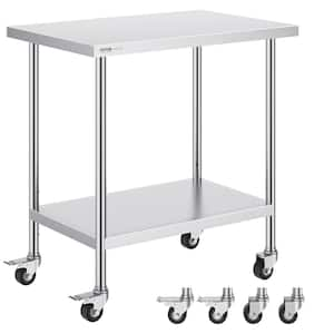 24 x 36 x 38 in. Stainless Steel Commercial Kitchen Prep Table with 4-Wheels 3-Adjustable Height Levels Silver