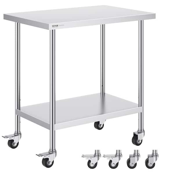 VEVOR 24 x 36 x 38 in. Stainless Steel Commercial Kitchen Prep Table with 4-Wheels 3-Adjustable Height Levels Silver