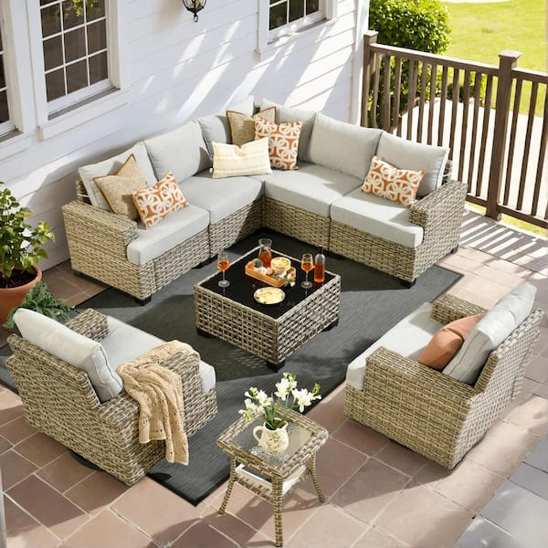 XIZZI Lauren 9-Piece Wicker Patio Conversation Seating Sofa Set with Light Gray Cushions and Swivel Rocking Chairs