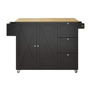 Black Wood 45 in. Farmhouse Kitchen Island with Drop Leaf Top, 3 Drawers, 2 Doors, Adjustable Shelves and Towel Bar