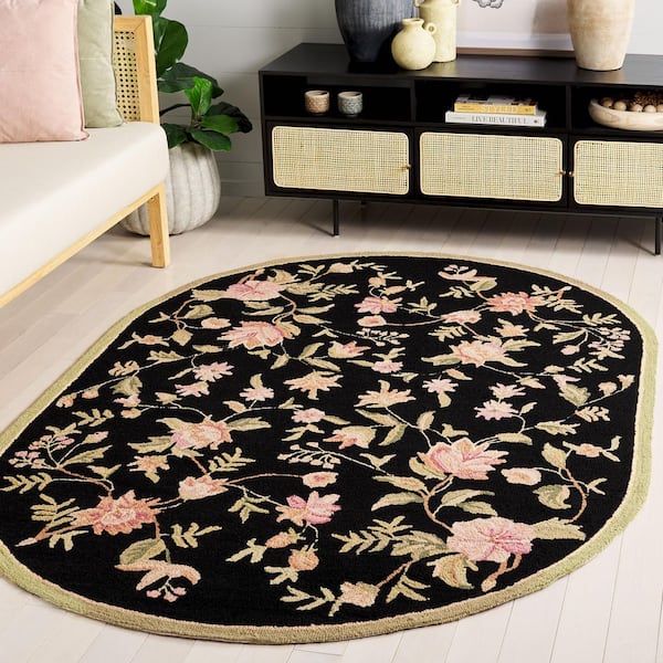 Chelsea 3 ft. x 5 ft. Oval Black Speckled Floral Border Area Rug
