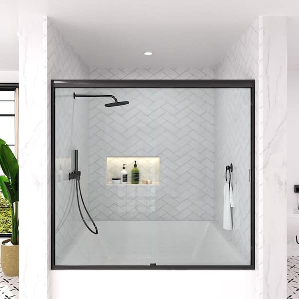 Slate 60 in. W x 56 in. H Semi-Frameless Sliding Tub Door in Matte Black with 1/4 in. Clear Tempered Glass