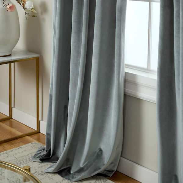 Velvet Soft Grey Solid Light Filtering Triple Pinch Pleat / Hidden Tab Curtain, 27 in. W x 84 in. L (Set of 2)