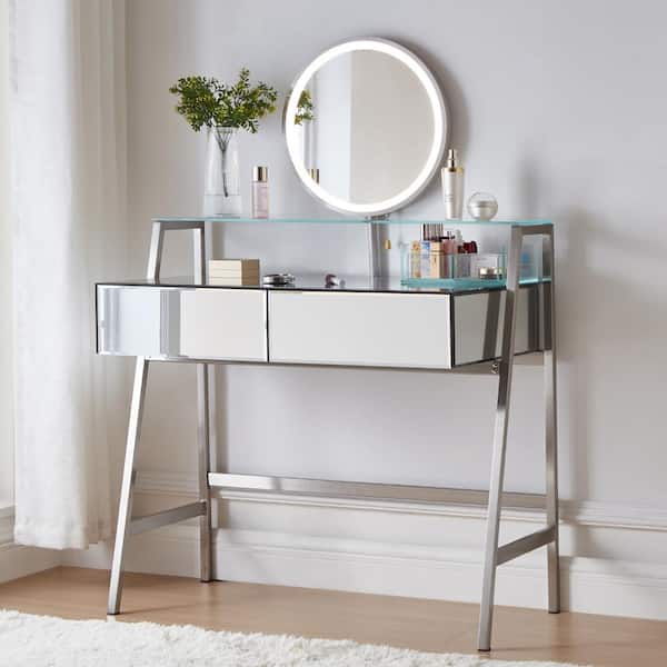 Modern 33.9 in. Silver Makeup Vanity Table with Mirror and Lights, 2 Drawers, Shelves, Built-in Charging Station