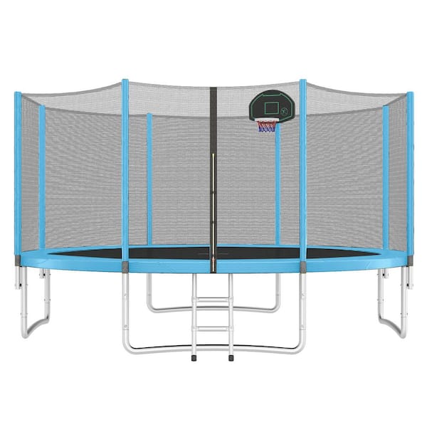 14 ft. Blue Trampoline for Kids with Safety Enclosure Net, Basketball Hoop and Ladder, Outdoor Recreational Trampoline