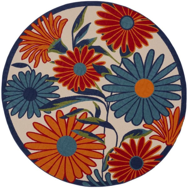 Ivory, Orange, Blue 8 ft. Round Loomed Floral Polypropylene Round Indoor/Outdoor Area Rug