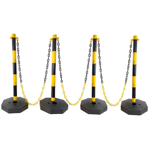 4-Pack Yellow/Black Plastic Safety Barrier Post w/Fillable Base,5Ft Plastic Chain for Traffic Control and Warning Y/B