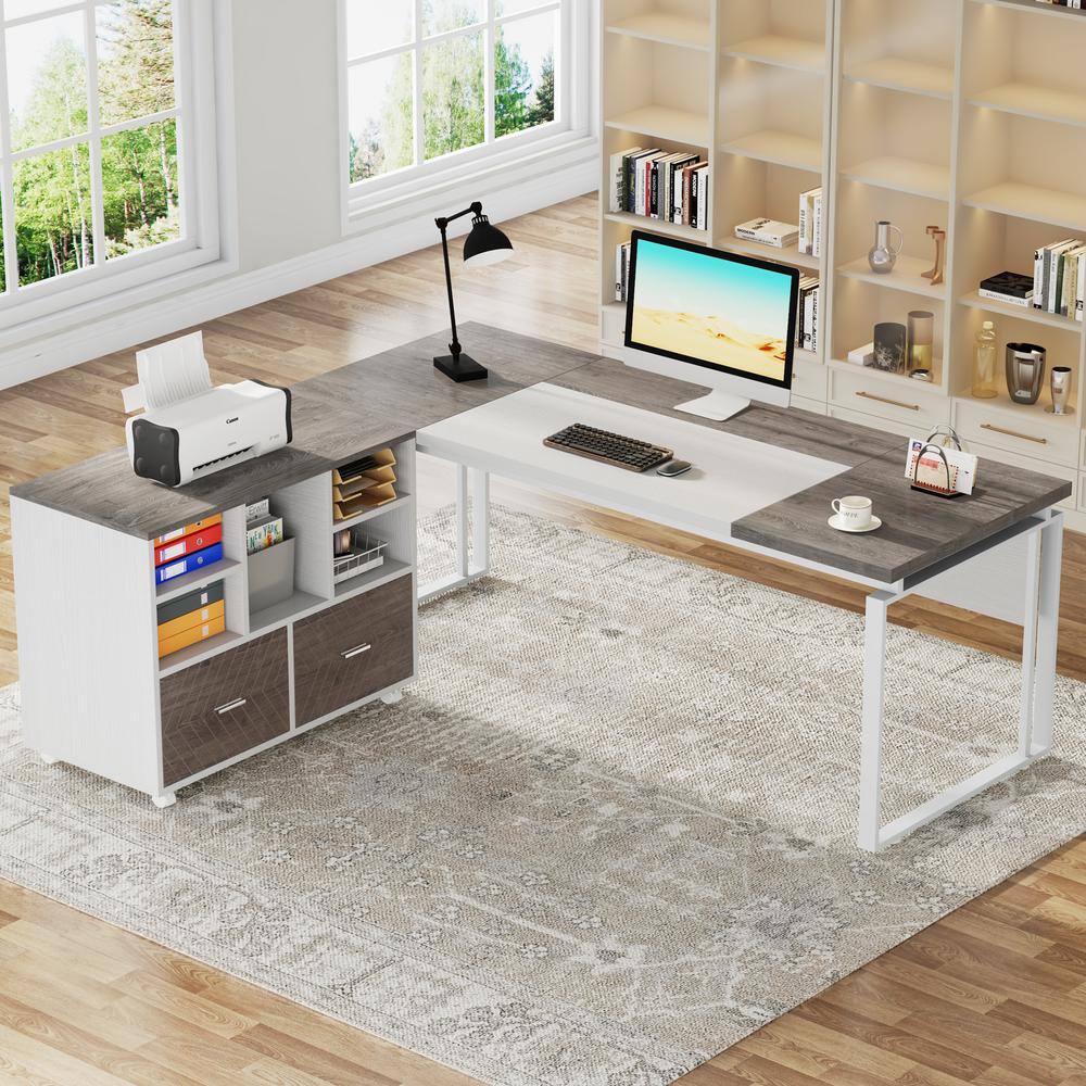 Tribesigns 63" Gray and White L-Shaped Executive Desk with Reversible File Cabinet