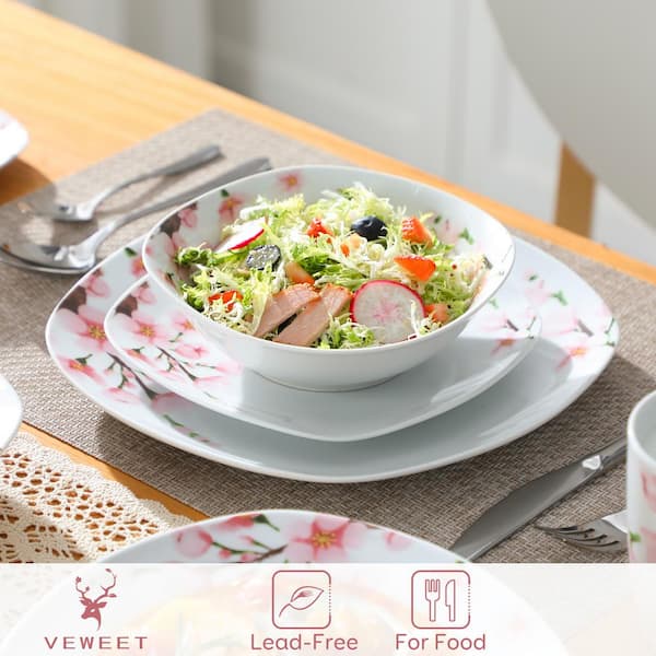 48-Piece Pink Floral Ivory White Porcelain Dinnerware (Set Service for 12)