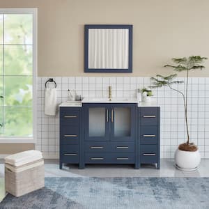 Brescia 54 in. W x 18 in. D x 36 in. H Single Sink Bath Vanity in Blue with White Ceramic Top and Mirror