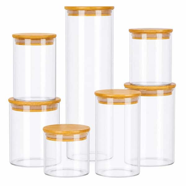 7-Piece Glass Food Storage Jars with Airtight Bamboo Wooden Lids for Pasta, Cookies, Nuts