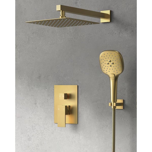 GRANDJOY 2-Spray Square High Pressure Wall Bar Shower Kit with 3 Modes Hand Shower in Brushed Gold (Valve Included)
