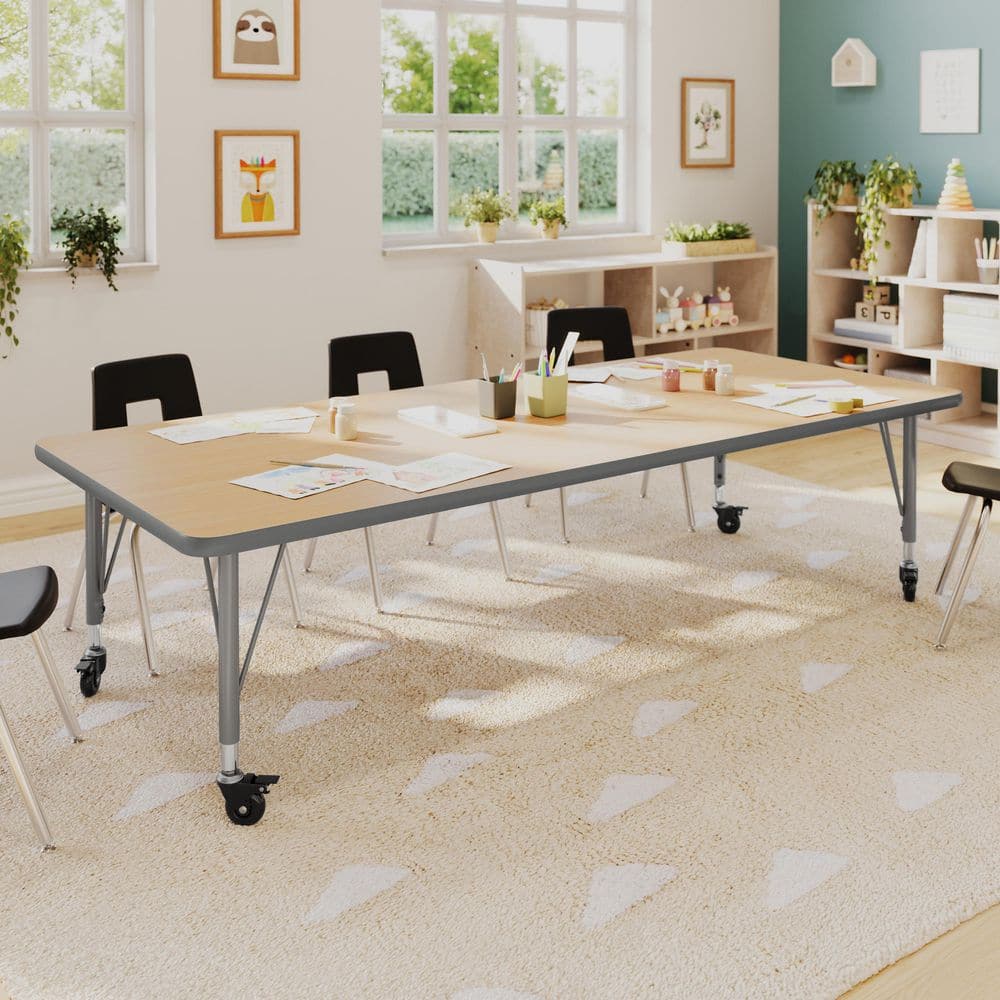 Wren Adjustable Light Natural Top/Silver Frame Rectangle Kids Activity Table with Thermal Laminate Top for 10
