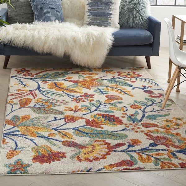 4 ft. x 6 ft. Orange Cream and Green Floral Area Rug