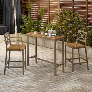 Humphrey 3 Piece 45 in. Teak Alu Outdoor Patio Dining Set Pub Height Bar Table Plastic Top With Bar Chairs For Balcony
