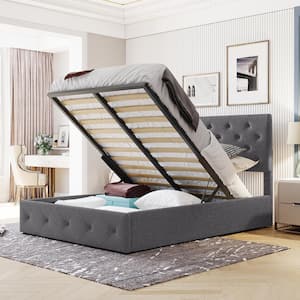 58 in. W Full Size Gray Linen Upholstered Platform Bed with Gas Lift Up Storage System, Wood Platform Bed Frame