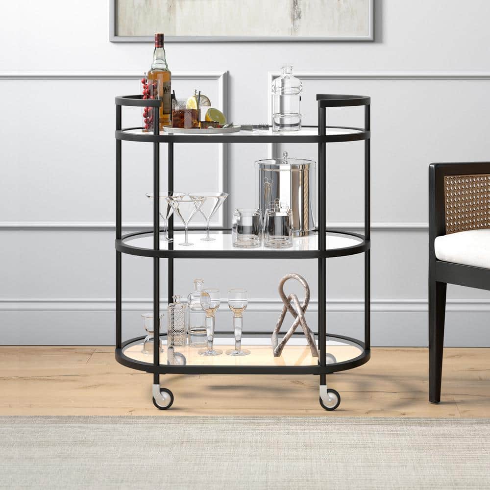 Modern Blackened Bronze 30" Wide Round Bar Cart with Tempered Glass Shelves
