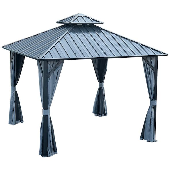 Unbranded 12 ft. x 12 ft. Outdoor Gazebo Double Roof Canopy W/Netting and Curtains, 2-Tier Hardtop Galvanized Iron Aluminum Frame