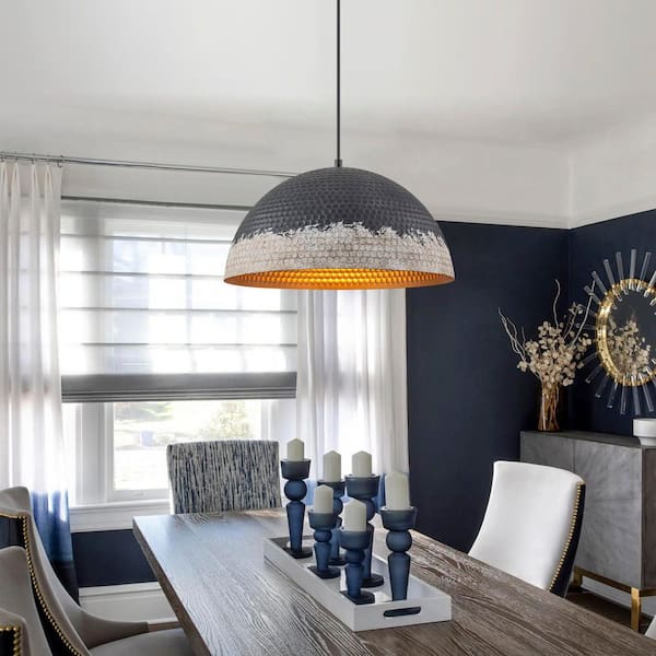 Nathan 1-Light 15.7 in. Industrial Farmhouse Black and White Hammered Pendant Lighting with Dome Shade