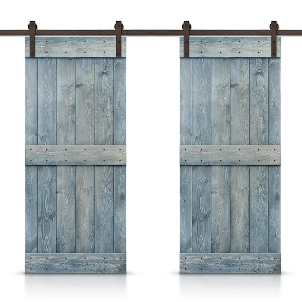 CALHOME 48 in. x 84 in. Mid-Bar Series Denim Blue Stained Solid Pine Wood Interior Double Sliding Barn Door with Hardware Kit