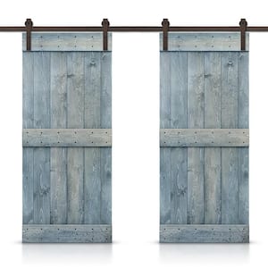 60 in. x 84 in. Mid-Bar Series Denim Blue Stained Solid Pine Wood Interior Double Sliding Barn Door with Hardware Kit