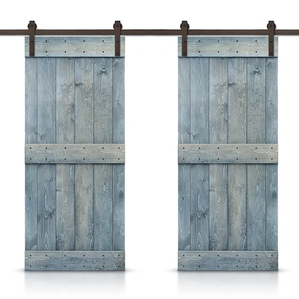 CALHOME 72 in. x 84 in. Mid-Bar Series Denim Blue Stained Solid Pine Wood Interior Double Sliding Barn Door with Hardware Kit