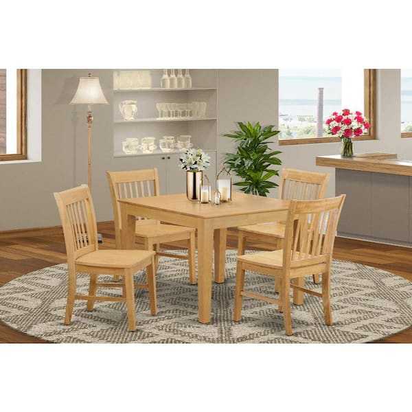 5-Piece Square Natural Oak Finish Solid Wood Top Dining table with 4-Chairs with Lattice Back