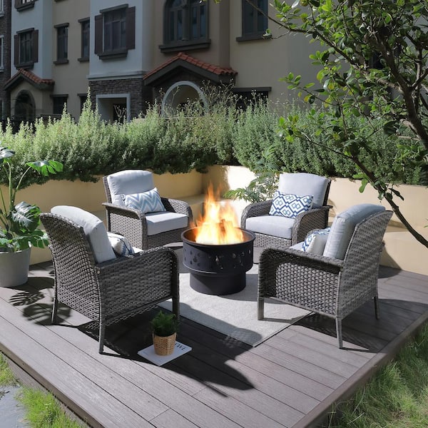 Toject Denali Gray 5-Piece Wicker Outdoor Patio Conversation Chair Set with a Wood-Burning Fire Pit and Light Gray Cushions