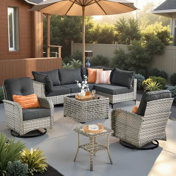 XIZZI Unicorn 8 Pieces Wicker Outdoor Patio Set and Swivel Rocking Chairs with Black Cushions