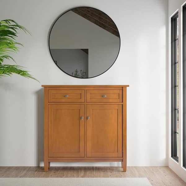 Simpli Home Warm Shaker Solid Wood 36 in. Wide Transitional Entryway Storage Cabinet in Light Golden Brown