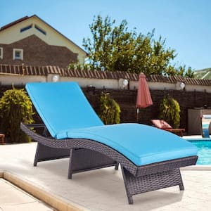 Patio Wicker Outdoor Chaise Lounge Chair with Blue Cushion for Rattan Reclining Sun Lounger Sunbed Chair