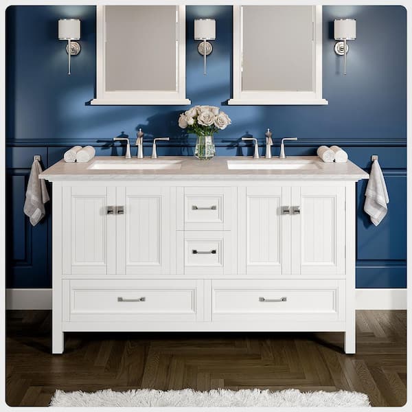 Eviva Britney 60 in. W x 22 in. D x 34 in. H Double Bath Vanity in White with White Carrara Marble Top with White Sinks
