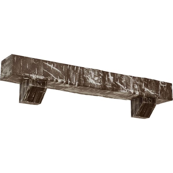Ekena Millwork 4 in. x 4 in. x 7 ft. Hand Hewn Faux Wood Fireplace Mantel Kit with Ashford Corbels, Vintage Mahogany