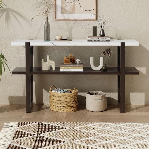 Qualler 54 in. Espresso Rectangle MDF Console Table with Storage Shelf and Marble-Effect Top